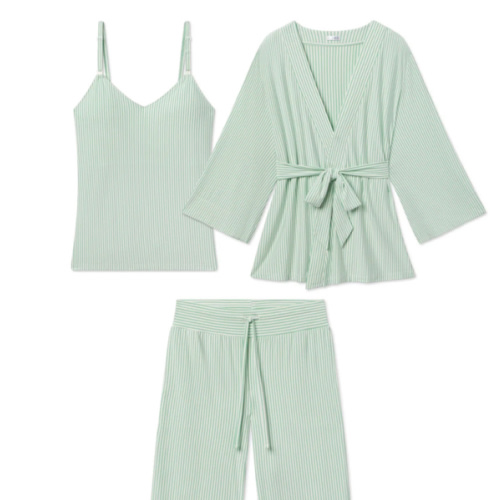 LAKE | Women | DreamModal Pajamas | Parisian Green Pencil Stripe Maternity Kimono Bundle