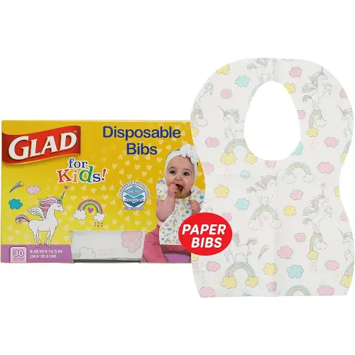Glad for Kids Unicorn Paper Disposable Bibs with Crumb Catcher for Feeding - Absorbent and Leakproof Eating and Travel Must Haves for Mess-Free Meals, 30 Count