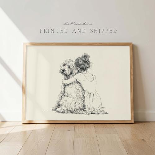 Girl and Goldendoodle Wall Art, Child Hugging Dog Print, Girl and Dog Nursery Decor, Goldendoodle Lover Gift, Kids Room Wall Decor