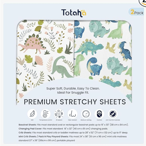 TotAha Pack and Play Sheets Fitted, Buttery Soft Dinosaur Mini Crib Sheets Boy, Stretchy Graco Pack n Play Mattress Sheet, 2-Pack Universal Fit Playard Mattress Cover, All-Season Jersey-Knit