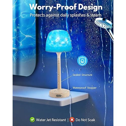 AquaSpa Shower Lamp - Waterproof Bathroom Lamp with 16 Color Ocean Wave Projector, Rechargeable Shower Light with Touch & Remote Control, Cordless Light for Inside Shower/Bathtub