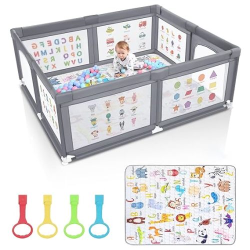 Voovc Premium Baby Playpen with Mat, 71x60 Inches Extra Large Playpen for Babies and Toddlers, Indoor & Outdoor Activity Center, Safety Baby Play Pen with Gate Prints