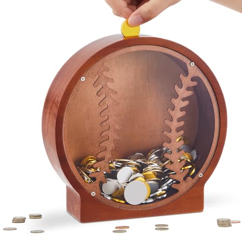 Foilswirl Wooden Baseball Piggy Bank, Clear Acrylic Coin Bank for Kids | Solid wood construction, clear acrylic window, easy coin removal, encourages saving habits, birthday or baseball party gift