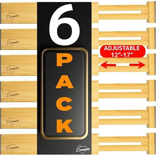 Adjustable Bamboo Drawer Dividers Organizers Expandable (12-16") Kitchen Drawer Organizer Spring Loaded for Kitchen, Dresser, Bathroom, Bedroom, Desk 6-pack