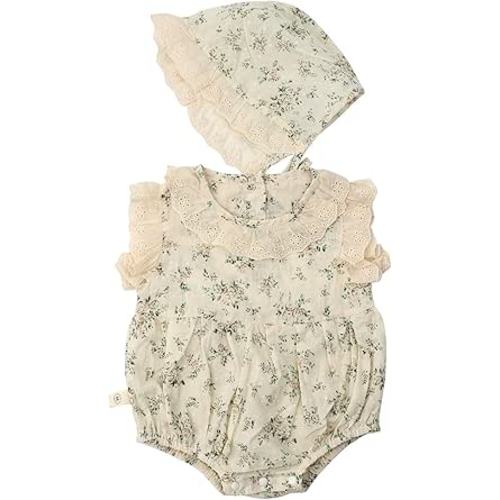 HOOLCHEAN Baby Girls Summer Thin Fabric Small Floral Lace Collar Romper with Bonnet