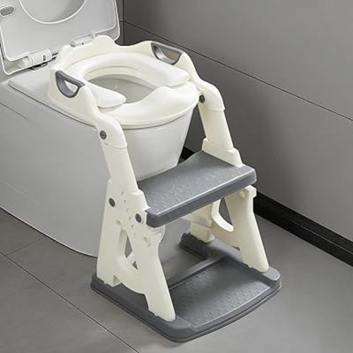 Potty Training Toilet Seat, Stable Potty Training Seat with Step Stool, 2 in 1 Toddler Toilet Seat with Steps for Kids Boys Girls, Toddler Potty Seat with Ladder, Splash Guard, Anti-Slip Pads (Gray)