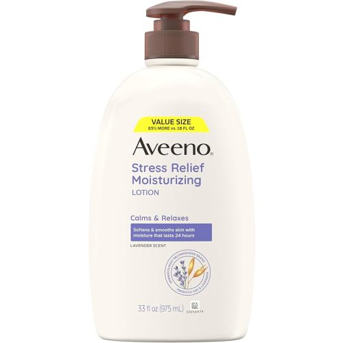 Aveeno Stress Relief Moisturizing Body Lotion 33 Fl Oz, Lavender Scent with Prebiotic Oat, Hydrating 24-Hour Moisturizer Non-Greasy for Dry Sensitive Skin, Paraben & Dye Free, Calming & Relaxing