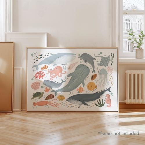 Sea Animals UNFRAMED Poster, Under the Ocean Nursery Print, Scandi Nursery Prints, Ocean Nursery Decor, Educational Poster, Playroom Prints