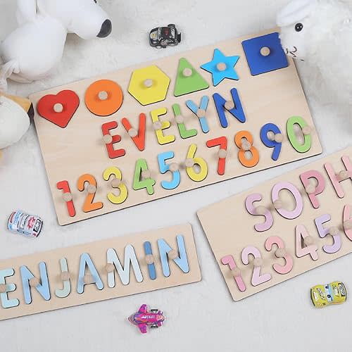 Name Puzzle for Kids Personalized Wooden Shapes Puzzles, 1st Birthday Girl Boy Gifts, Montessori Learning Toddler Educational Toy for Boy Girl, Personalized Baby Gifts for 1+ Year Old Boys