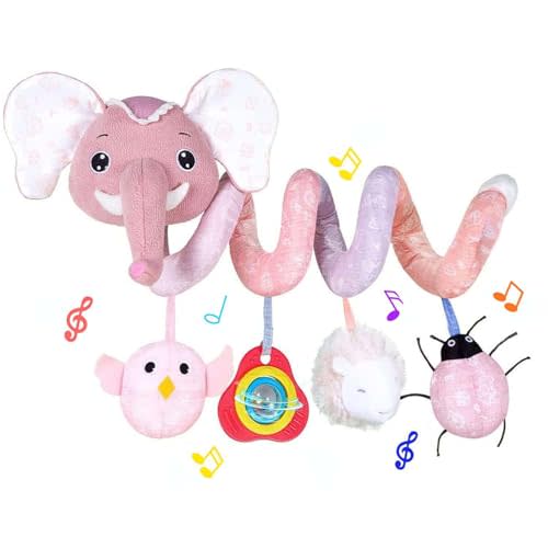 Ebrima Baby Car Seat & Stroller Toys for 0-6 Months - Baby Toys 3-6 Months - Infant Spiral Plush Hanging Toy for Carseat, Crib Bar, Bassinet with Music, Squeaker, Rattle,Mirror (Pink Elephant)