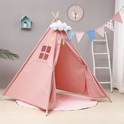 kawaiicrocodile Teepee Tent, Play Tent for Kids, Washable and Foldable Outdoor Game Kids Tent with Carry Bag & Floor Base, Gift for Kids, Girl, Boy (Pink)