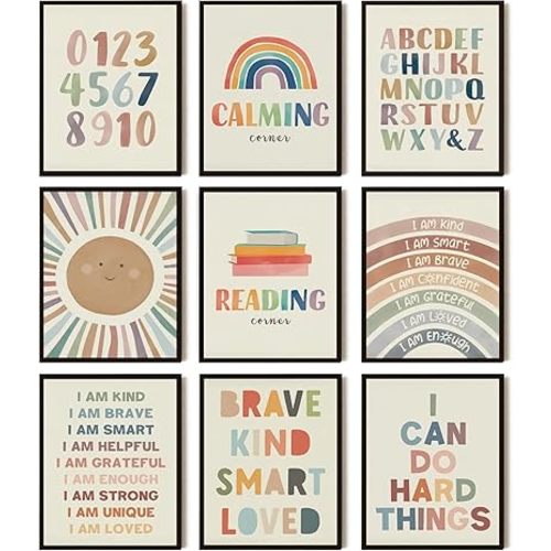 Baby Alphabet Wall Art Set of 9, 1 2 3 number Rainbow Canvas Posters Prints, Kids ABC Positive Affirmation Wall Decor Paintings for Kids Room Nursery Bedroom Home Decor 8x10In Unframed