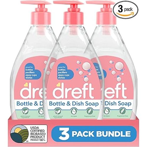 DREFT Bottle and Dish Soap | Made to Clean Baby Bottles, Sippy Cups, Pacifiers, Breast Pumps, & More | Gently Removes Milk Film & Odors | Plant Based, Fragrance Free Dish Soap | 18 Fl Oz (Pack of 3)