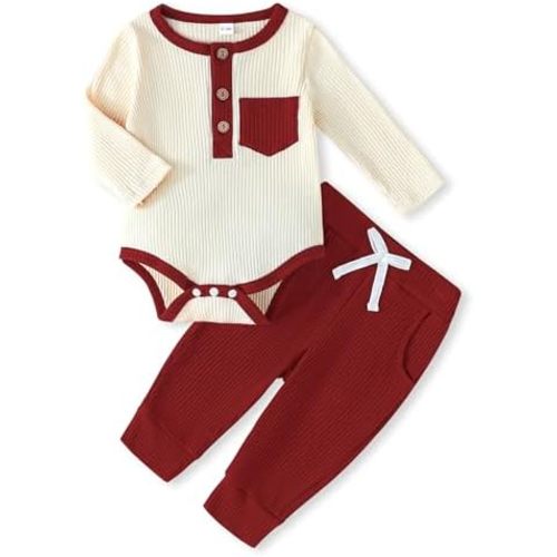 Newborn Baby Boy Clothes Ribbed Knit Cotton Long-Sleeved Romper Long Pants Splicing Color Fall Winter Outfits