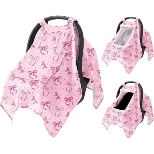 Baby Car Seat Cover with Mesh Window, 100% Cotton Carseat Covers Baby Boy Breathable Infant Car Seat Cover Spring Summer Baby Carseat Cover Lightweight Infant Car Seat Canopy - Pink Bow