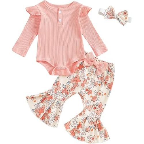 fhutpw Newborn Baby Girl Clothes Rib Frill Romper Daisy Flared Pants Set