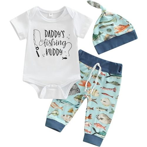 Newborn Baby Boy Fishing Outfit Daddy's New Fishing Buddy Romper Fish Pants Set Hat 3Pcs Infant Boy Summer Clothes