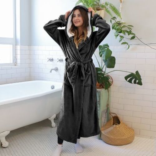 Tirrinia Fuzzy Plush Hooded Bath Robe for Women Men, Adult Fleece Bathrobe for your Bathroom, Shawl Collar Adult Matching Robes
