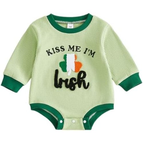 Muasaaluxi Newborn Baby Girl Boy St Patricks Day Outfit Long Sleeve Shamrock Romper Embroidery Waffle Bodysuit Shirts 0-18M