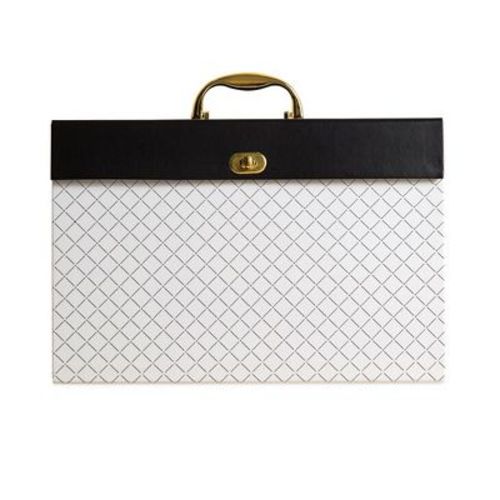 U Brands Expanding File Box, 5.25" Expansion, 19 Sections, Twist-Lock Latch Closure, 2/5-Cut Tabs, Letter Size, White/Black/Gold