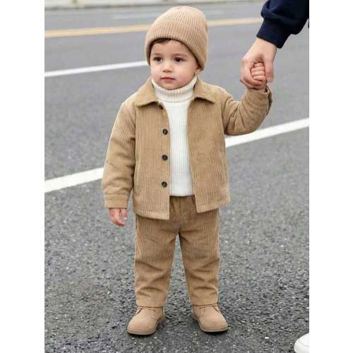 Souflis Souflis French Retro Brown Corduroy Long Sleeve Jacket + Brown Casual Pants, Suitable For School, Leisure, Home And Other Occasions, Toddler Boys 2-Piece Set, Autumn/Winter | SHEIN USA