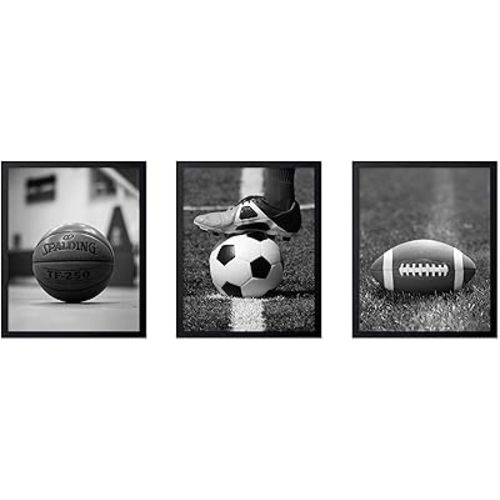 Poster Master 3-Piece Ball Print - Sports Poster - Soccer, Basketball & Football Art - Athlete Housewarming Gift - Black and White Photography Art - Gym or Office Wall Decor - 16x20 Black Framed