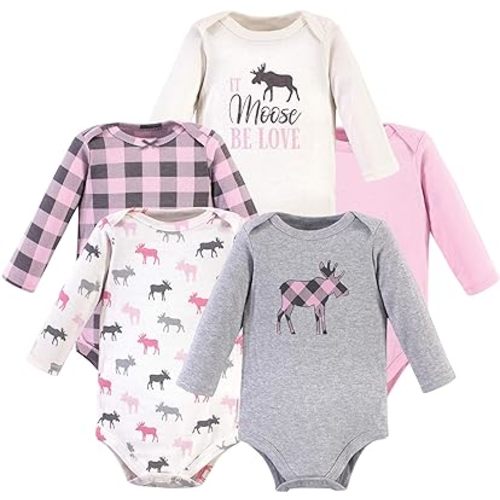 Hudson Baby Unisex Baby Cotton Long-sleeve Bodysuits, Pink Moose, 3-6 Months US