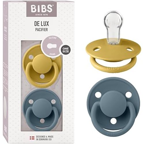 BIBS Pacifiers - De Lux Collection | BPA-Free Baby Pacifier | Made in Denmark | Set of 2 Mustard/Petrol Color Premium Soothers | Size One Size