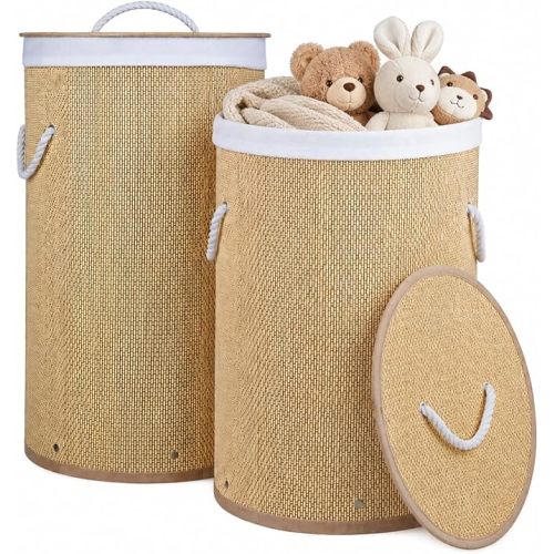 2 Pack Foldable Bamboo Laundry Hamper with Lid, Tall Storage Basket
