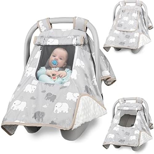 Baby Carseat Seat Cover Girls, Winter Carseat Canopy, Cozy & Warm Cover with Zipper Peep Windows, Infant Minky Carrier Cover, Soft Breathable, Baby Must Have, Grey Elephant