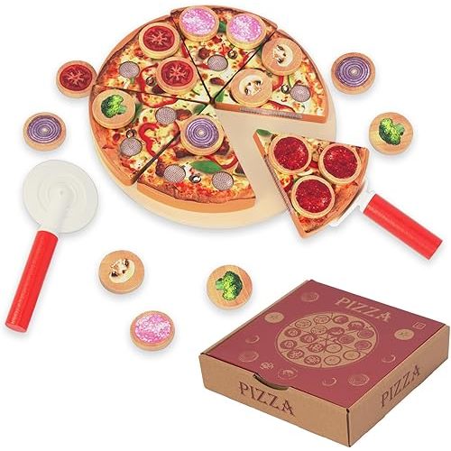 Cutting Play Food Toy for Kids Kitchen,Wooden Pizza Set Pretend Play Kitchen Accessories,Learning Toy Birthday Gifts for Boys Girls Toddlers (6 pcs Set)