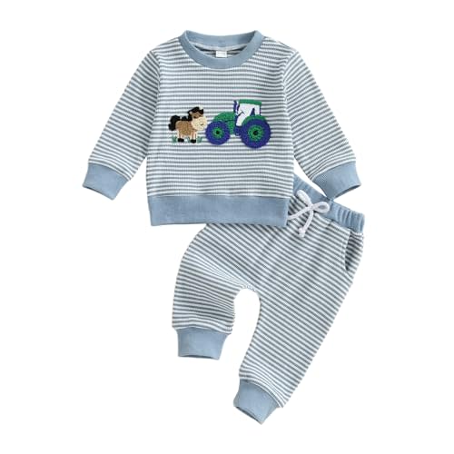fhutpw Baby Toddler Boy Girl Fall Winter Clothes Embroidery Stripe Pullover Pants Sets Infant Long Sleeve Sweatshirt Outfits
