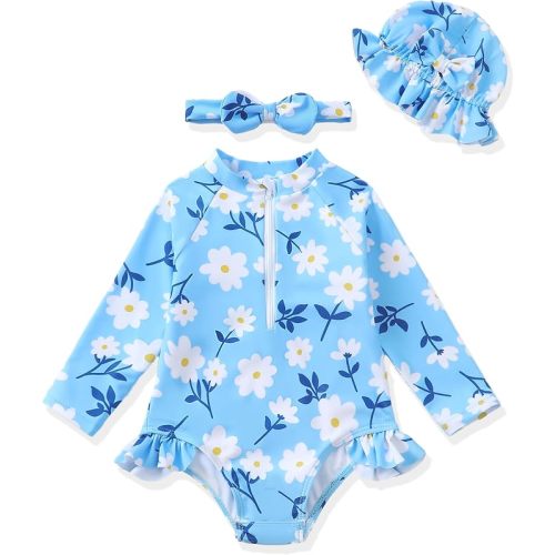Infant Baby Swimsuit Girl Toddler One-Piece Bathing Suit with Hat | Long Sleeve Rash Guard Infant Bathing Suit Girl,Summer Baby Swimsuit with Hat,Ruffle Floral Zipper Swim Suit,Beach Essentials