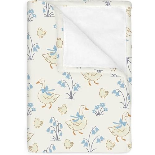 Vintage Geese Boho Flowers Bows Baby Blankets for Boy Girl Spring Ducks Blue Floral Soft Flannel Receiving Blankets for Infant Toddler Crib Pastel Farm Animal Nursery Bed Blanket 40x50inch