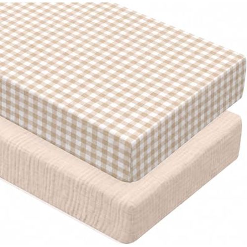 2 Pcs Muslin Khaki and Khaki Gingham Crib Sheets Netural, 52"X 28"