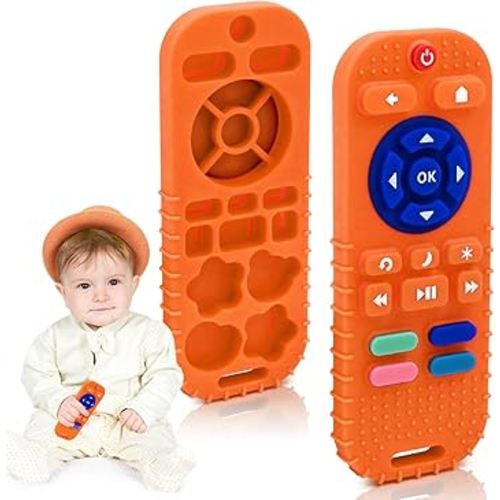 AiTuiTui Baby Teething Relief Sensory Chew Toys for 3 6 9 12 Months, Silicone Infant Teether Remote Control Bath Toy for Newborn Toddlers Boy Girl Autism Baby Shower Birthday Gifts, Orange