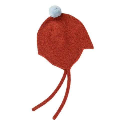 Cashmere Baby Bonnet, Rust with Spa Blue Pom – Rosie Sugden