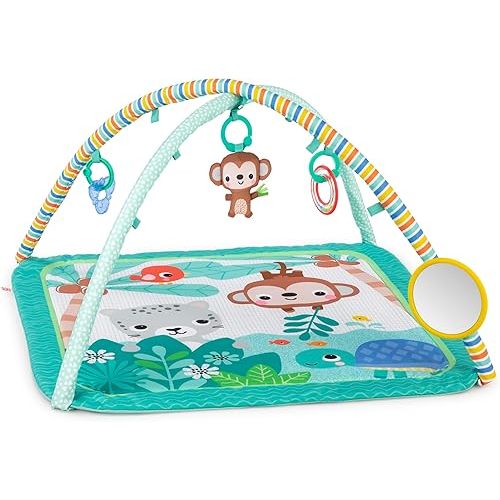 Bright Starts Palm Party Baby Activity Gym Machine Washable Play Mat with 4 Toys, Newborn and up - Gender Neutral, 32x32x18 Inch