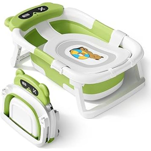 AVIDOR Baby Bathtub,Collapsible Bathtub for Newborn to Toddler,Durable Essential Infant Bath Tub,Portable Travel Baby Tub with Soft Cushion,No-Slip Hanging and Detachable(Green)