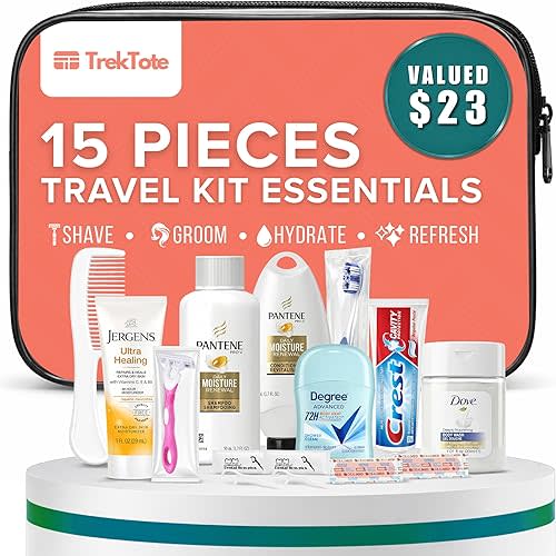 TrekTote 15 Piece Set Women’s Travel & Hygiene Kit with Clear Toiletry Bag, Personal Care Essentials, Single Kit or Bulk Case Packs