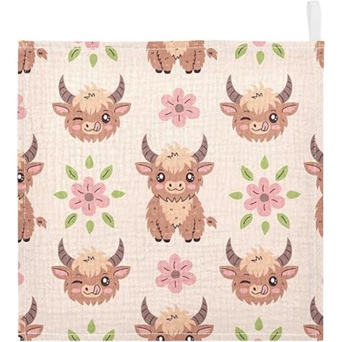 Cute Highland Cow Baby Washcloths 3 Pack, Cotton Muslin Washcloth Soft Bath Face Towels for Newborn Girls Boys, 12x12 in