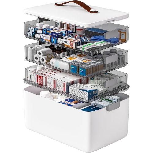funest 4-Tier Medicine Storage Box Cabinet, Empty First Aid Kit Portable Medical Supply Organizer with Leather Handle for Home