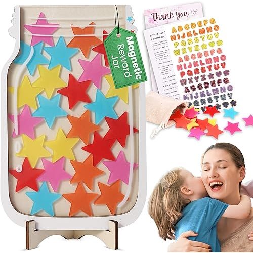 Star Jar Reward System Magnetic 25 Stars Good Behavior Potty Training Chart for Children Classroom Letters Stickers Board Magnets Incentive Personalized Student Class Wooden Home Teacher