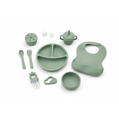KiddoFun 9-Piece Silicone Baby Feeding Set – Divided Plate, Bib, Sippy Cup, Snack Cup, Bowl, Spoon & Fork – BPA-Free, Dishwasher & Microwave Safe, Baby-Led Weaning Essentials