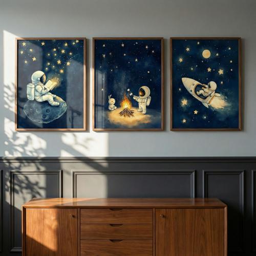 Astronaut Space Wall Art Set of 3, Whimsical Outer Space Nursery Decor, Cute Astronaut Kids Room Art, Rocket Ship Moon Art, Galaxy Poster