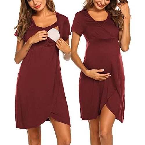 Ekouaer Nursing Nightgown 3 In 1 Maternity Nightgown Short Sleeve Nursing Gown Breasfeeding Sleepwear Delivery Dress