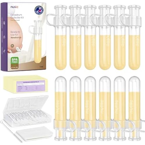 Nuliie 12pcs Colostrum Collector Kit, 7ml, Leakproof, Reusable, BPA-Free | Breast Milk Collector, Heat & Freezer Resistant, Cotton Cloth Wipe, Storage Case, Cleaning Brush, Ready-to-Use for Newborns
