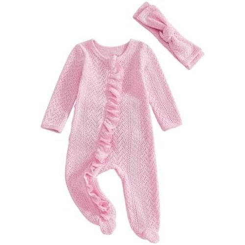 Newborn Baby Girl Outfit Solid Color Long Sleeve Ruffled Trim Zipper Footies Knit Jumpsuit Spring Clothes Headband
