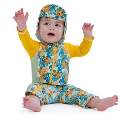 Disney Lion King Simba Newborn Baby Boys UPF 50+ Sunsuit and Swim Hat Swimwear Set Yellow / Green Simba 3-6 Months