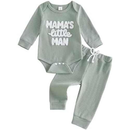 Newborn Baby Boy Fall Winter Outfit Mama's Little Man Long Sleeve Romper Waffle Knit Onesie Pants Set Infant Clothes